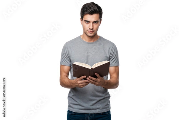 Fototapeta Young man in casual clothes holding and reading an open book while looking forward, isolated on transparent background