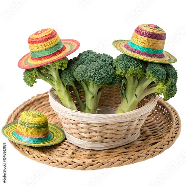 Fototapeta Four broccoli florets topped with colorful straw hats, each placed in a wicker basket, creating a whimsical and stylish presentation on a white background.