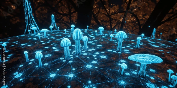 Fototapeta Wild Forest Mushroom Network Specialized infrared visualization of underground mycelium creating abstract communication web in trending biological research palette without