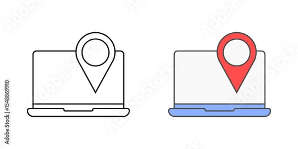 Fototapeta IT asset tracking icon with laptop and location pin, in outline and color styles, ideal for illustrating hardware monitoring, device inventory management, and real-time IT asset location tracking.