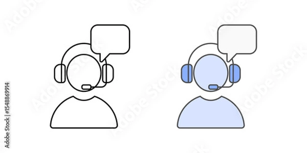Fototapeta IT support agent avatar icon with headset and chat bubble, in outline and color styles, ideal for illustrating tech support personnel, IT helpdesk contact, and employee assistance services.