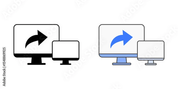 Fototapeta Screen sharing session icon with monitor, arrow, and second screen, in outline and color styles, ideal for illustrating remote IT assistance, collaborative troubleshooting, and live desktop sharing