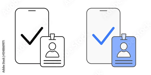 Obraz Mobile device enrollment icon with smartphone, check mark, and ID badge, in outline and color styles, ideal for illustrating employee device registration, mobile onboarding, and secure IT enrollment