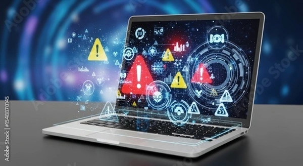 Fototapeta Laptop screen displaying warning signs and data visualizations against a blue background glow effect