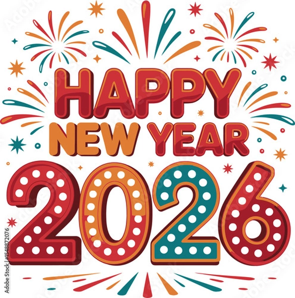 Fototapeta Happy new year greeting card with fireworks and the year two thousand twenty six