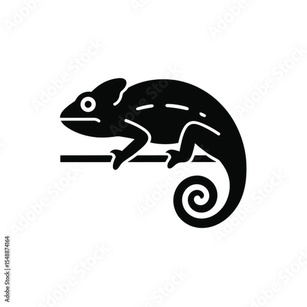 Fototapeta Black Silhouette Chameleon Reptile Icon on Branch Simple Graphic Design Vector Illustration image