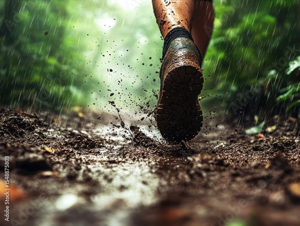 Fototapeta Runner splashes through muddy trail during rain in a lush forest setting