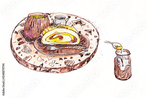 Fototapeta hand-drawn illustration in ink and colored pencilsmeringue roll with pistachio cream and raspberries, ginger tea and honey