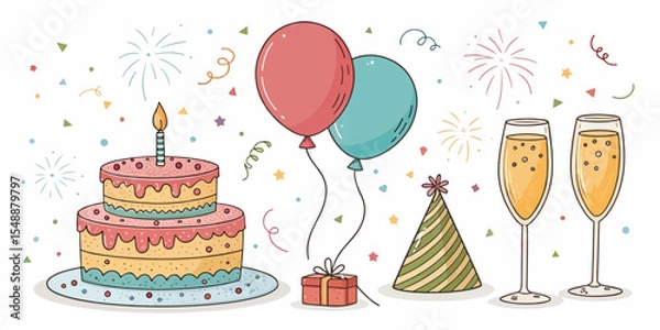 Fototapeta Colorful Party Elements – Flat Vector Design of Balloons and Celebration Icons