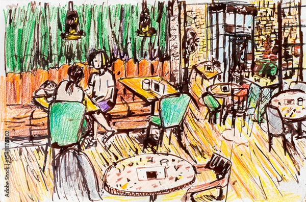 Fototapeta girlfriends with ahand-drawn illustration of a friend and a child meeting and talking in a cozy cafe