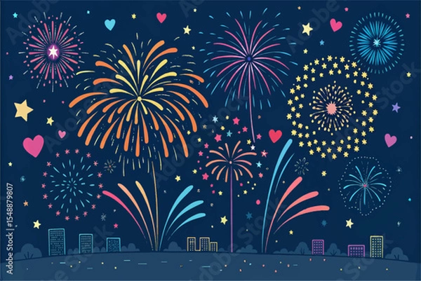 Fototapeta Bright Party Elements – Fireworks and Confetti Flat Vector Illustration