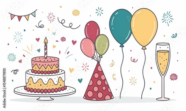 Fototapeta Cheerful Event Vector Set – Cake, Balloons, Fireworks and Confetti Elements