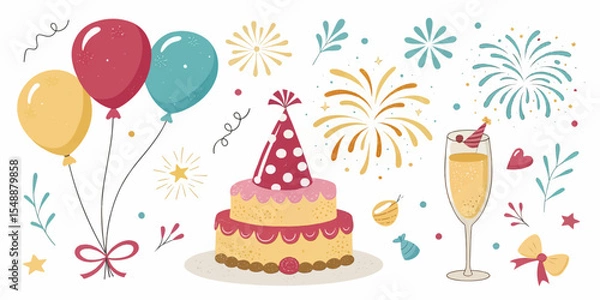 Fototapeta Festive Celebration Elements – Balloons, Cake, Fireworks in Flat Vector Design