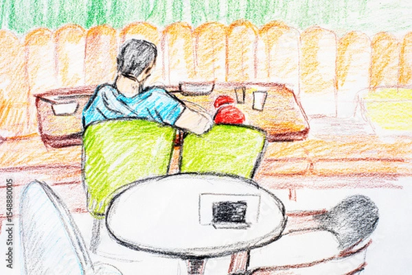 Obraz hand-drawn illustration with colored pencils dad and son in a cafe with a back