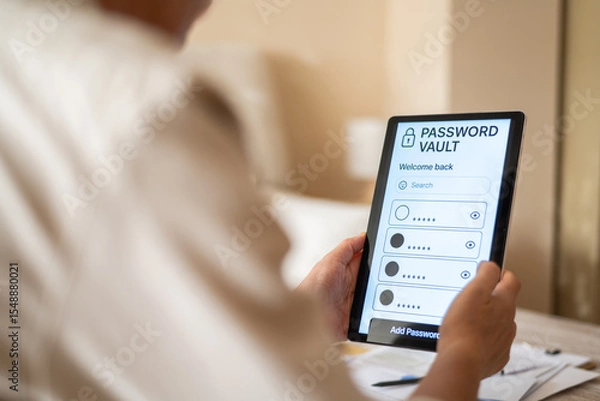 Fototapeta Business manager accessing password vault on tablet, enhancing cybersecurity and protecting sensitive information in modern office environment