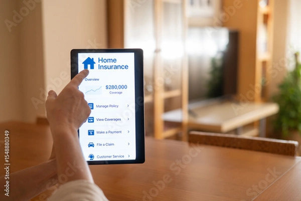 Fototapeta Woman using a digital tablet to manage her home insurance policy, accessing overview, coverage details, payment options, claims, and customer service from the comfort of her home