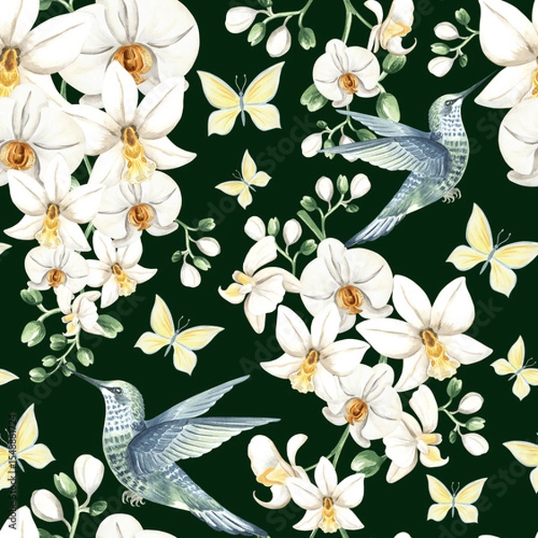 Fototapeta Flying hummingbird with white orchid flowers and butterflies watercolor illustration. Hand drawn seamless pattern with tropical phalaenopsis and bird. Botanical template for jungle exotic background.