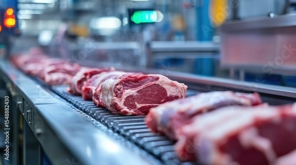 Fototapeta Automated meat processing: Fresh cuts moving along a production conveyor belt