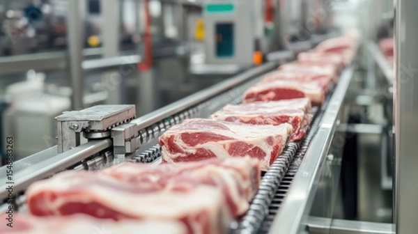 Fototapeta Raw meat processing on a conveyor belt in a modern food factory plant