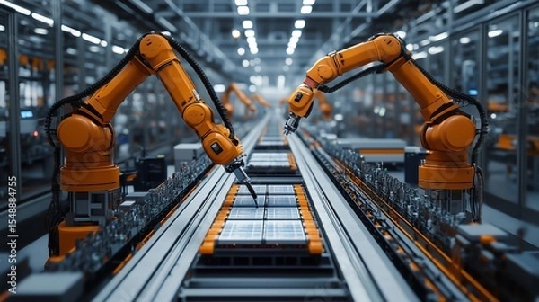 Fototapeta High-tech EV factory production line with robotic arms handling battery modules, modern manufacturing facility in a spacious, clean composition