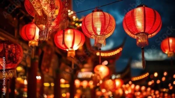 Fototapeta Illuminated Red Lanterns Decorating a Chinese Temple at Night with Bokeh Lights