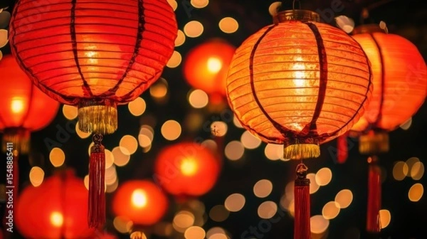 Fototapeta Glowing red Chinese lanterns illuminate a dark night with festive bokeh lights