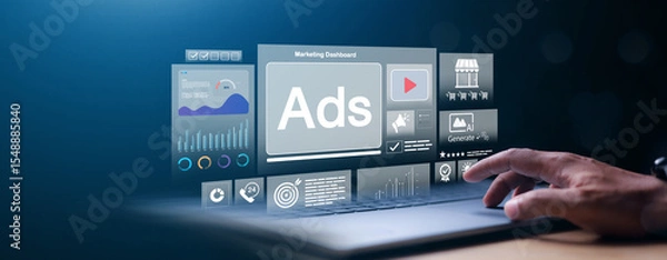 Fototapeta Digital marketing interface with advertising dashboard, analytics charts, AI content tools, and targeting features. Concept of online advertising and campaign management.