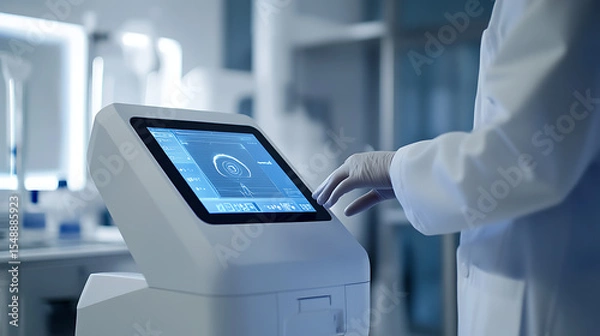 Fototapeta Scientist interacting with a digital touchscreen device in a laboratory setting