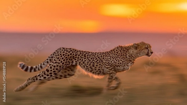 Obraz A cheetah running at sunrise.