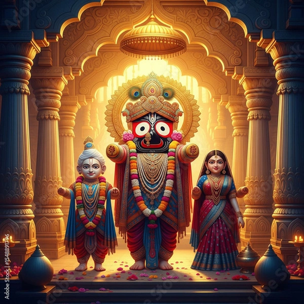 Obraz  Lord Jagannath Hindu temples in India glow at night, showcasing the colorful architecture , god hinduism india odisha rath yatra