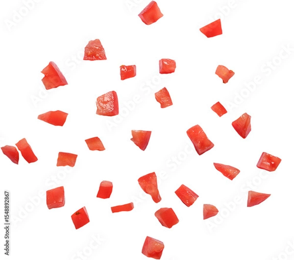 Obraz A collection of small, diced red pieces resembling chopped tomatoes, arranged randomly on a white background.