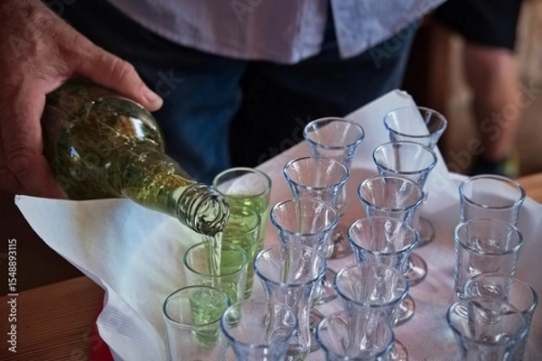 Obraz Midsection of man pouring brandy from a bottle