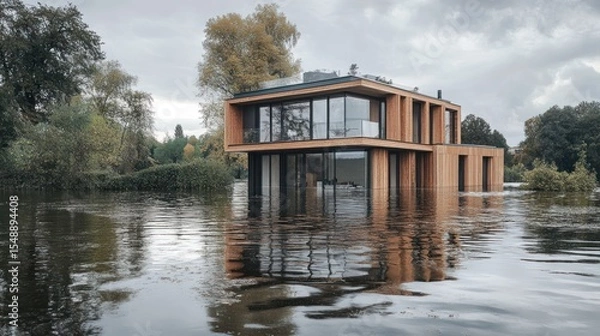 Fototapeta Contemporary waterside residence showcasing unique architectural design features