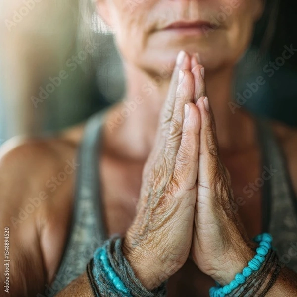 Fototapeta An elderly person is found meditating with hands joined in prayer, wearing beaded bracelets. The serene setting highlights a moment of reflection and tranquility, promoting inner peace.