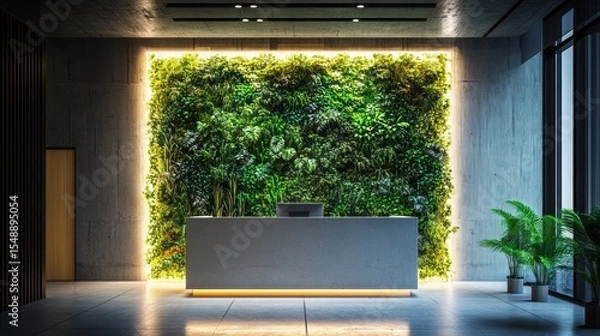 Fototapeta Contemporary reception area featuring a vertical garden and sleek design