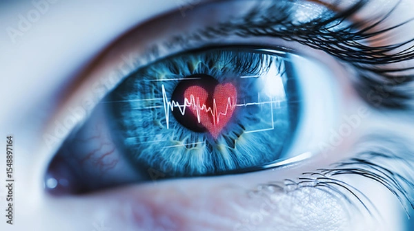 Fototapeta Close-up of an eye with a digital heart monitor overlay, symbolizing health and technology integration.