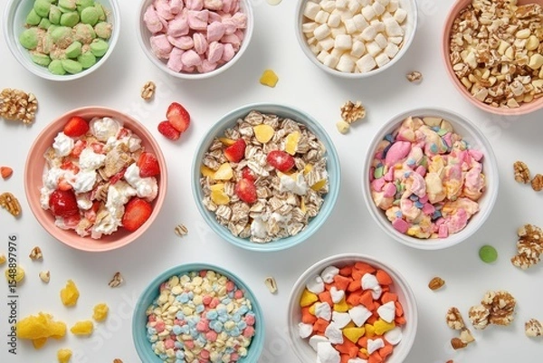 Obraz Assorted breakfast cereals in bowls on a white surface.