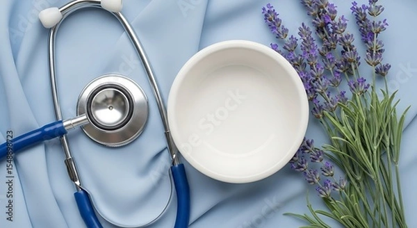 Fototapeta Stethoscope lavender flowers and a white bowl arranged on a soft blue textured backdrop