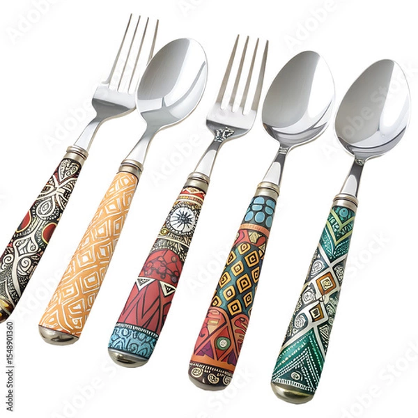Fototapeta A Collection of Unique Fork and Spoon Designs. Diverse Patterns Adorn Each Cutlery Handle.