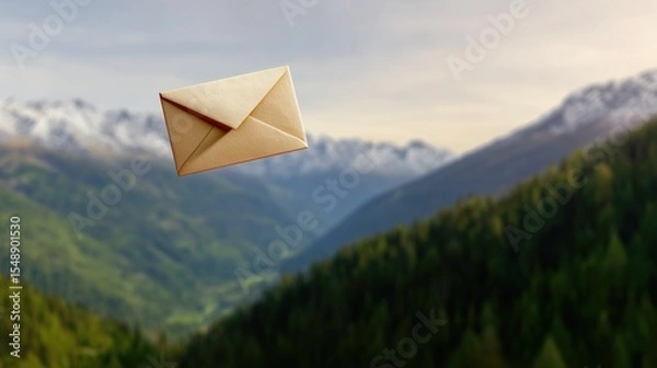 Fototapeta An envelope floating in the air above a green forest and mountains representing a comprehensive geography of world postal services