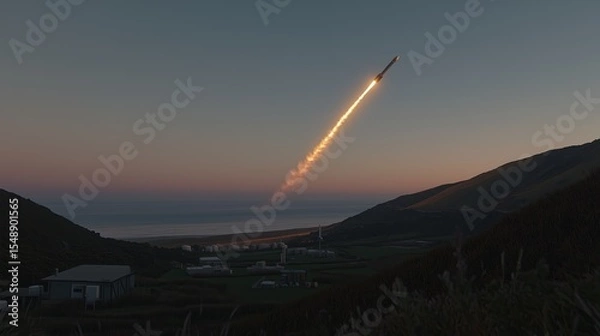 Fototapeta A rocket launch. Missile taking off from coastline. Fume and light trail are left in the sky as the rocket flies. Air attack, war