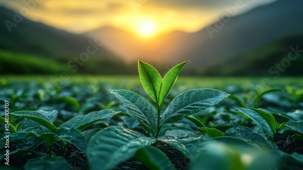 Fototapeta Green Tea Plantation in the mountains. Tea Leaf, close up