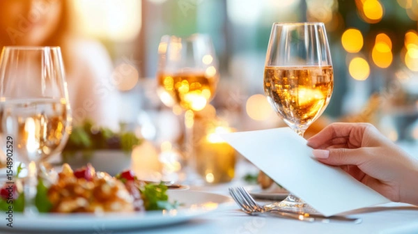 Fototapeta Elegant Dinner Setting: A hand delicately holds a menu card at a beautifully set table, adorned with glasses of rosé wine, a gourmet dish, and soft candlelight.