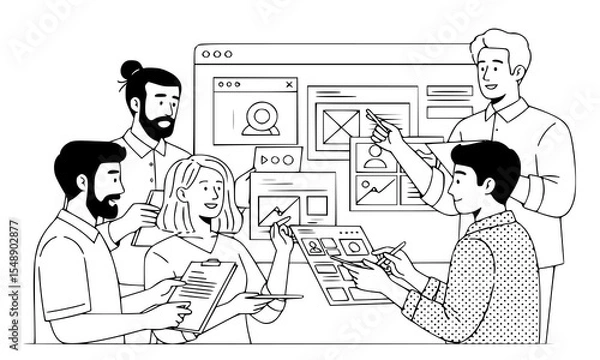 Fototapeta Diverse team collaborates on website design project, brainstorming ideas, planning strategy, modern illustration
