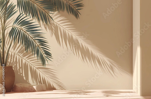Obraz Abstract background with shadows from palm leaves on a beige wall, an empty room for product presentation in summertime.