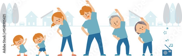 Obraz ラジオ体操をする二世帯家族のイラスト素材