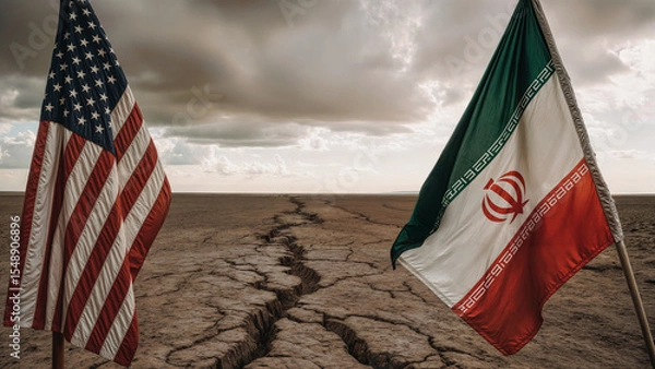 Fototapeta Symbolic image of U.S.-Iran diplomatic rift. American and Iranian flags facing each other across a cracked desert ground, representing political division and geopolitical tension.