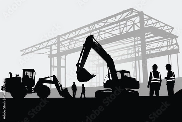 Obraz construction site silhouette with heavy machinery and safety gear workers vector