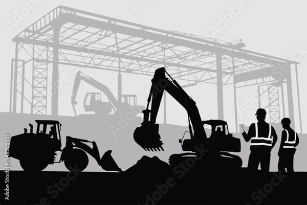 Obraz dynamic silhouette of construction equipment and workers on a building framework vector