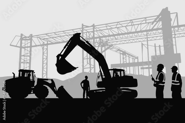 Obraz modern construction silhouette with industrial machinery and project design elements vector